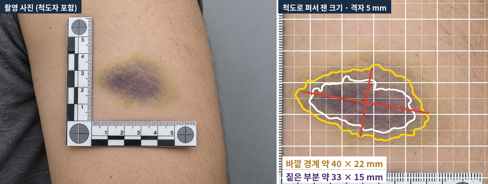 척도자를 함께 찍은 멍 사진과, 척도를 기준으로 사진을 펴서 멍의 바깥 경계와 짙은 부분 크기를 잰 결과